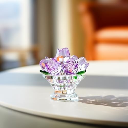 Handcraft Crystal Purple Rose Flower Figurine with Crystal Base, Glass Rose Flow