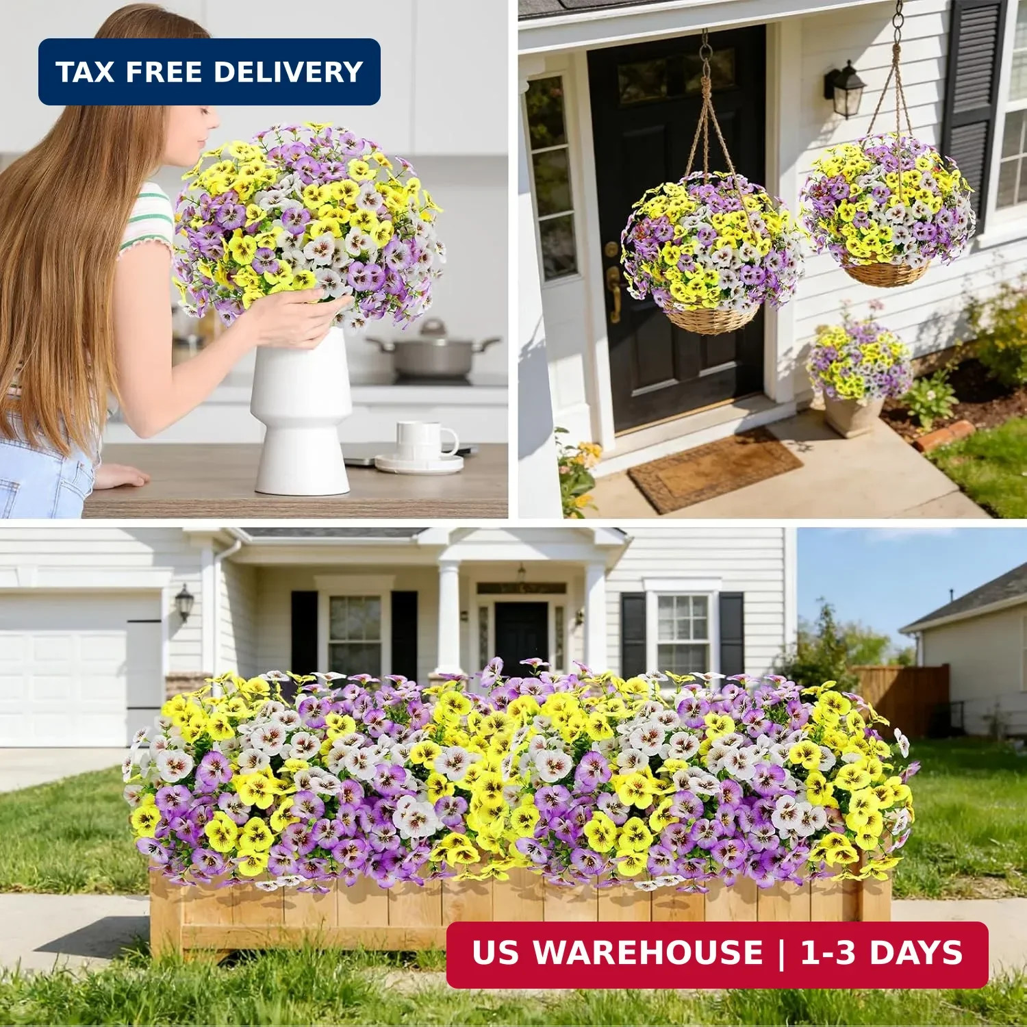 12Pcs Artificial Flowers Faux Silk Pansies with Eucalyptus, UV Resistant Realist