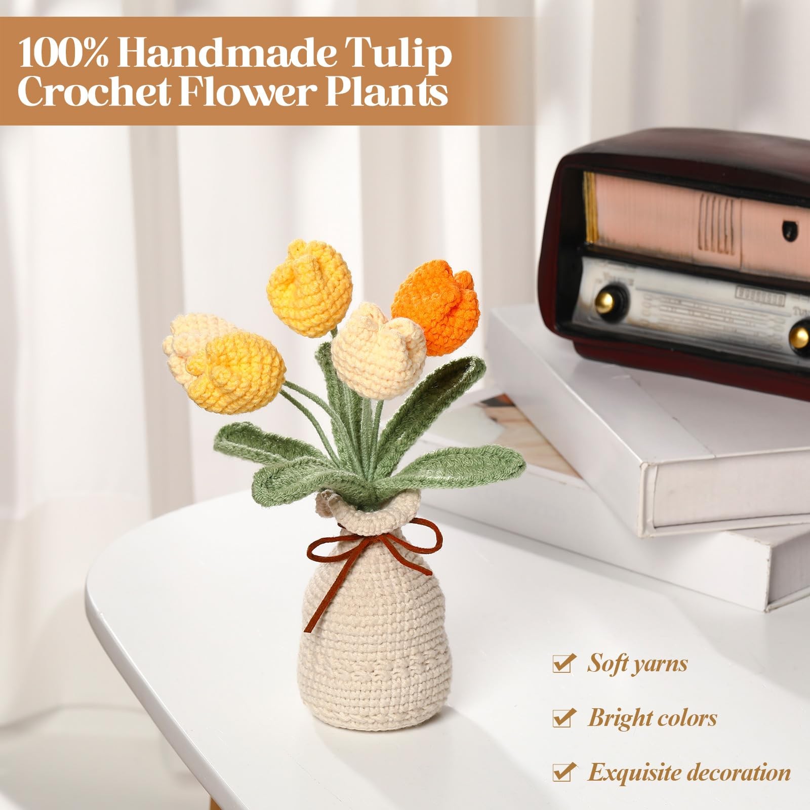 Crochet Knitting Tulip Bouquets Vase 7.1 Inch Yellow Artificial Flower Decor