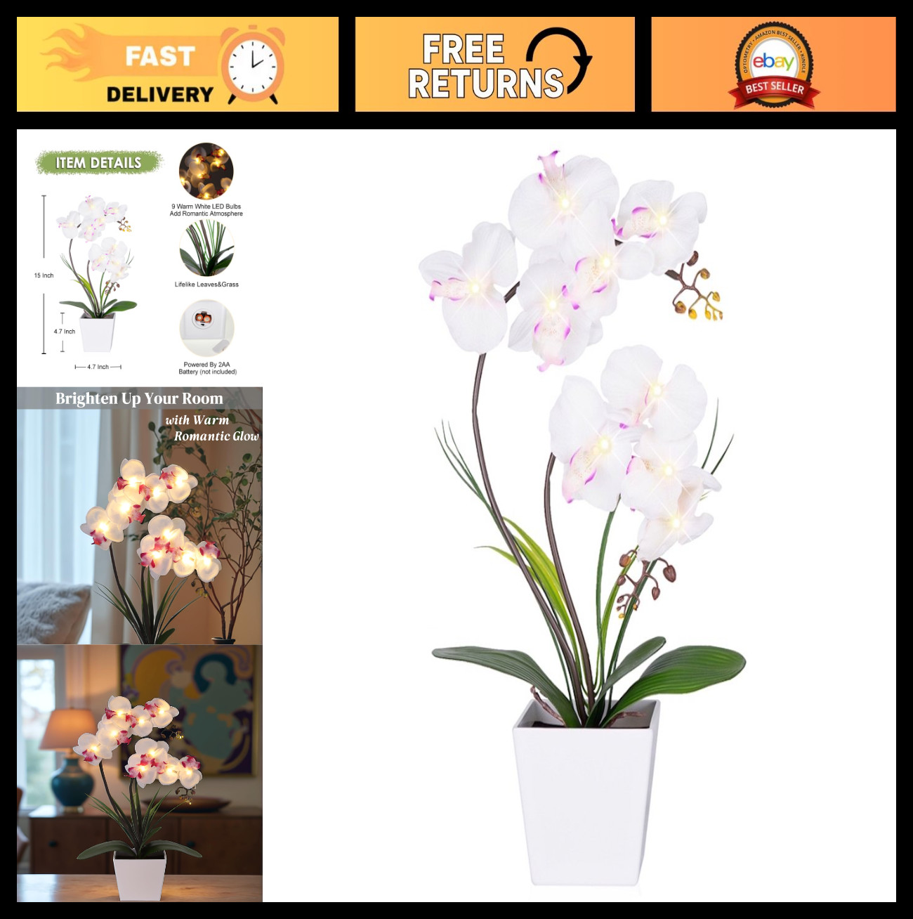 LED Orchid Lamp – Lighted Faux Phalaenopsis Flower Arrangement, Pre-Lit Decor