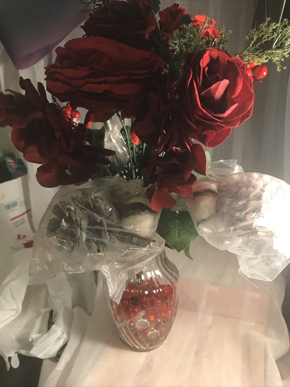 Winter Christmas Rose Cotton Pinecone Bouquet Faux Flower NWT Floral Stem Decor