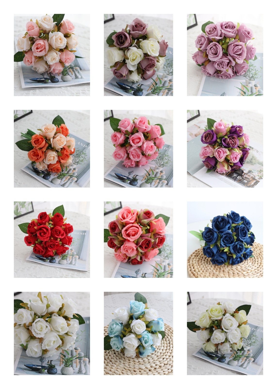 12 Head Silk Rose Fake Flower Wedding Bouquet Home Decor Party Decoration