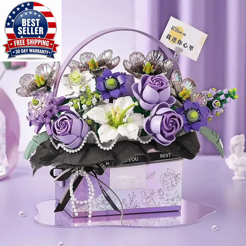Creative Pink Rose Basket Bouquet Building Blocks Portable Flower Bouquet Gift B