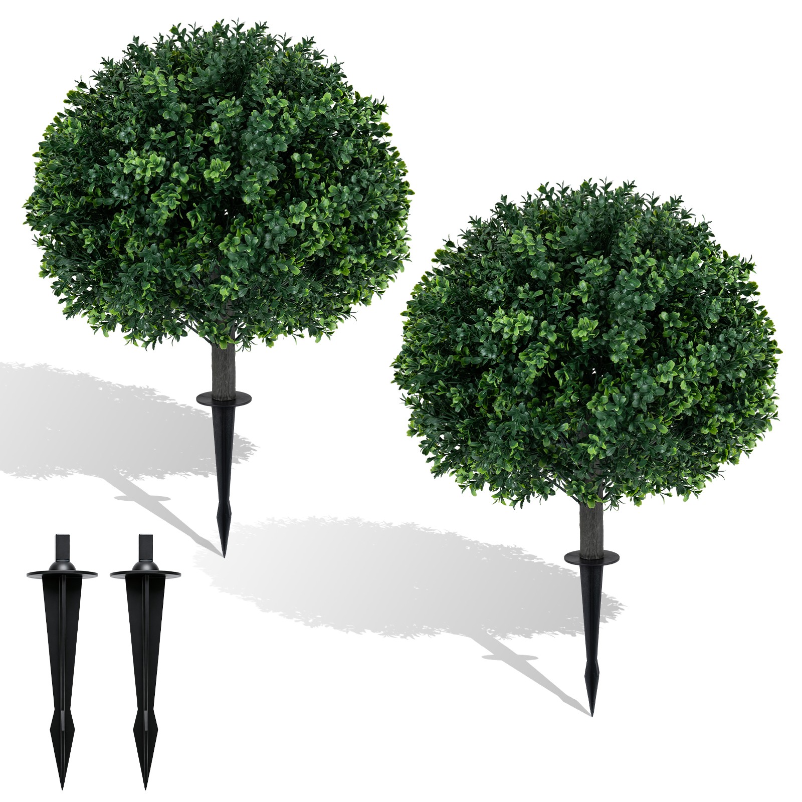 27″ Artificial Boxwood Topiary Trees Set of 2, Faux Shrubs with Ground Spikes