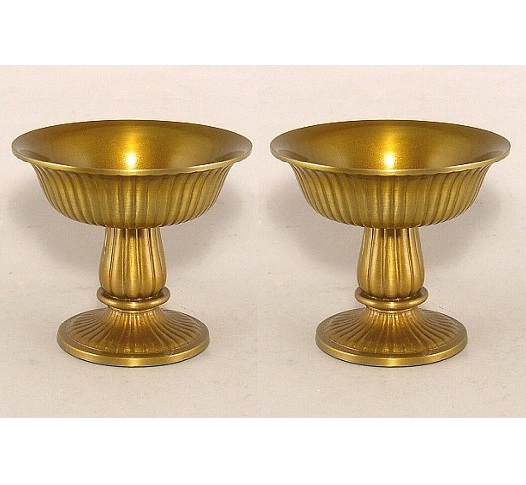 Compote Bowl Vase Gold Finish Cast Aluminum Fluted Revere Pedestal S/2 6″D 5.2″H