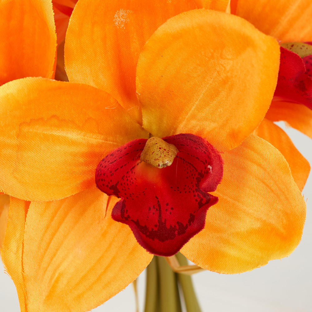 Set of 2 Florescent Orange Artificial Cymbidium Orchid 9-1/2″ Floral Bundles