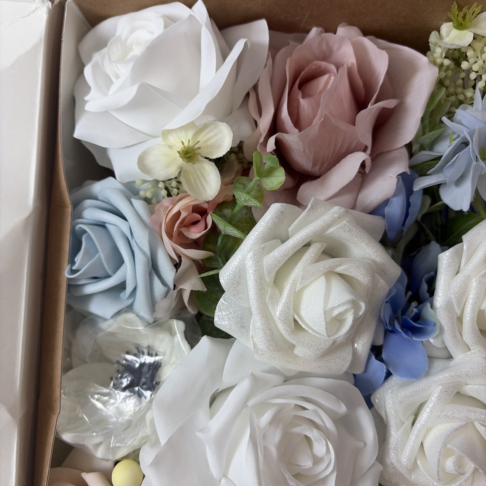 Ling’s moment Fake Flowers Box, Faux Artificial Greenery Stems Foam Roses Poppy