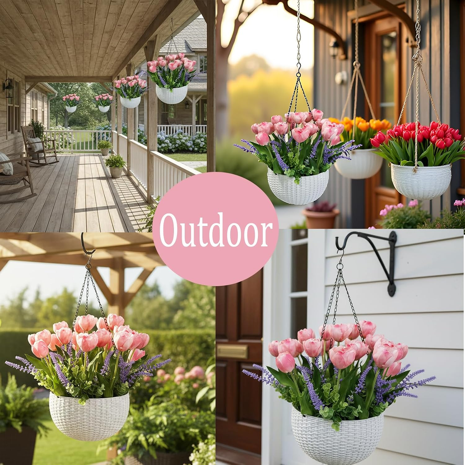 Artificial Tulips Flowers Hanging Basket for Indoor Outdoor, Realistic Pink Fake