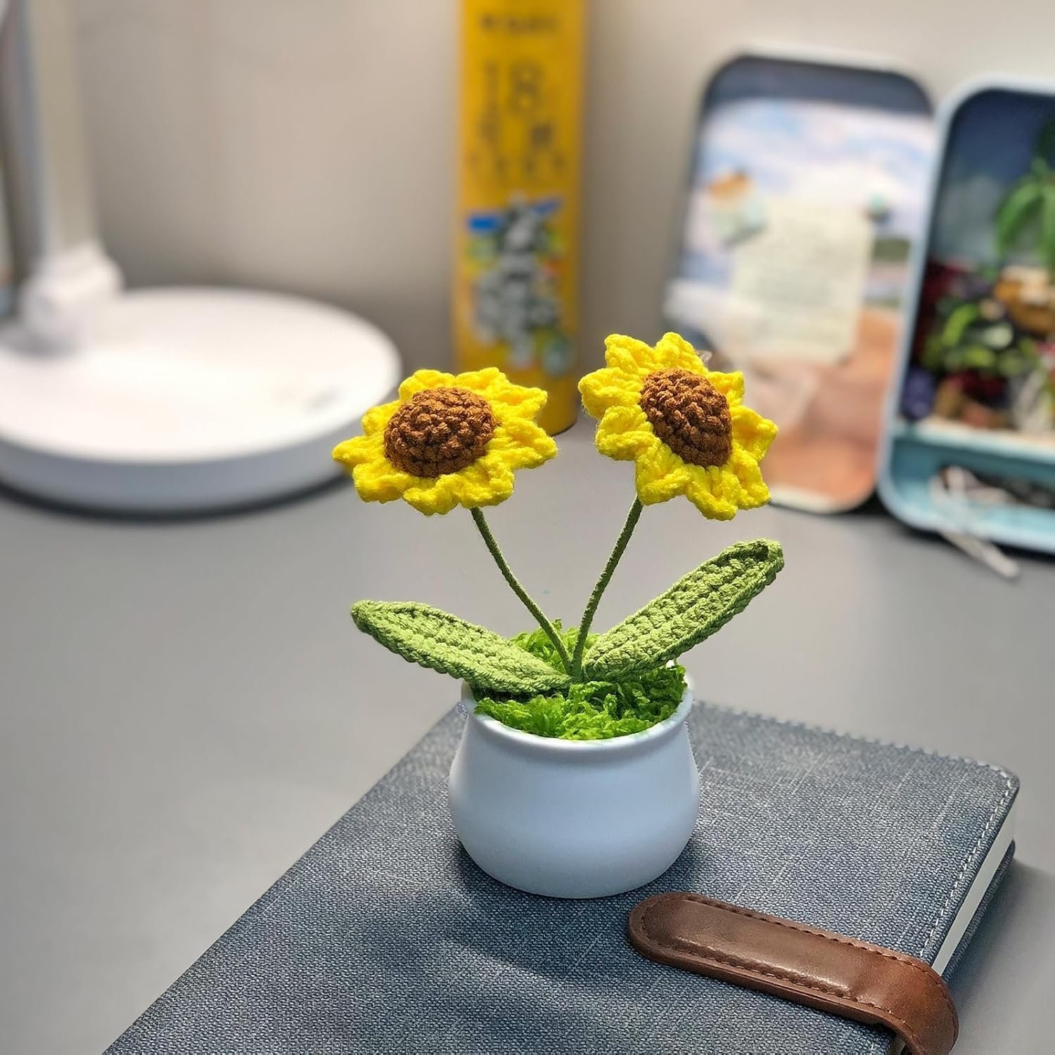 Compact Crochet Flower Decoration for Home Office Car Dashboard Sunflower