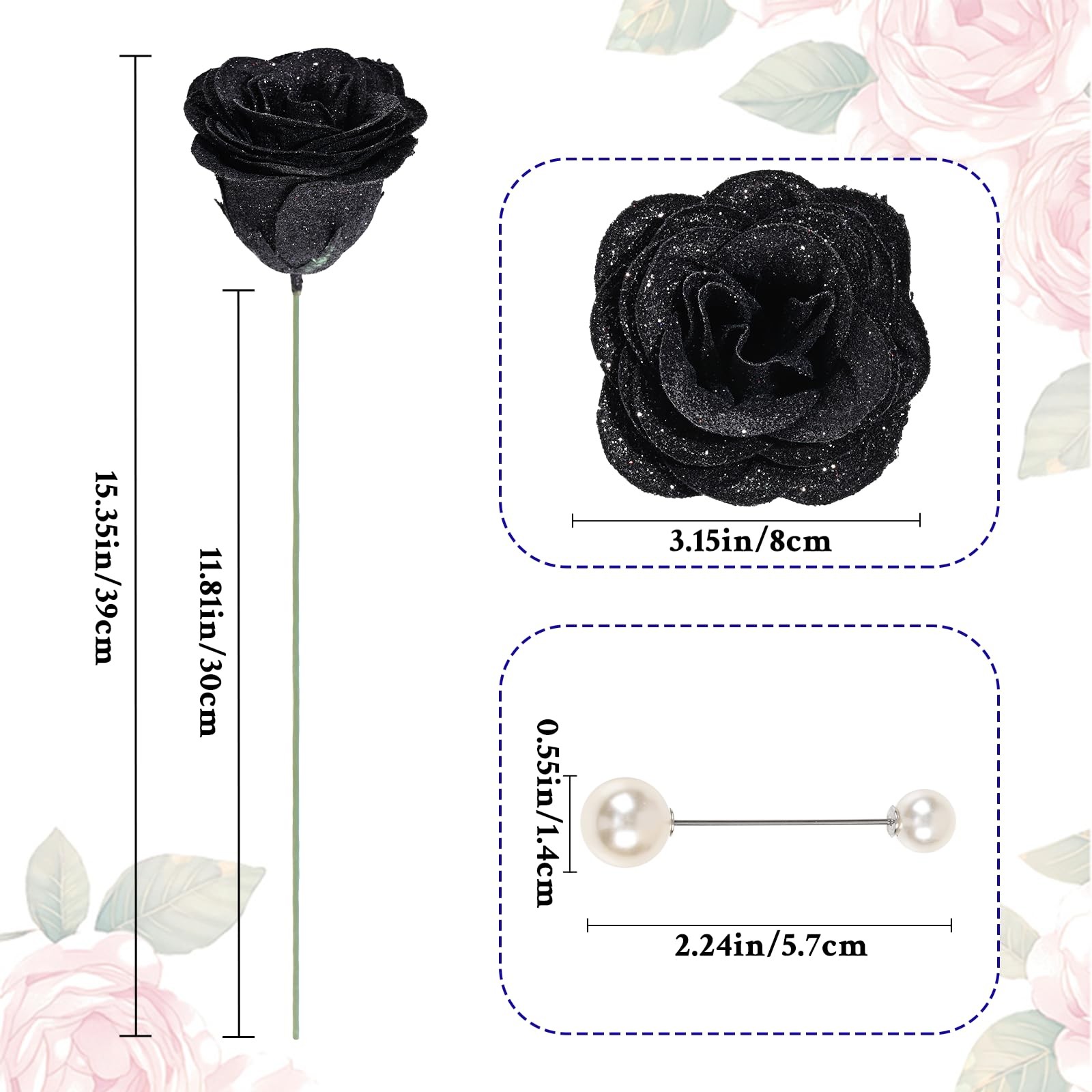 36 PCS Black Glitter Artificial Roses DIY Fake Flowers Bouquet Wedding Decor