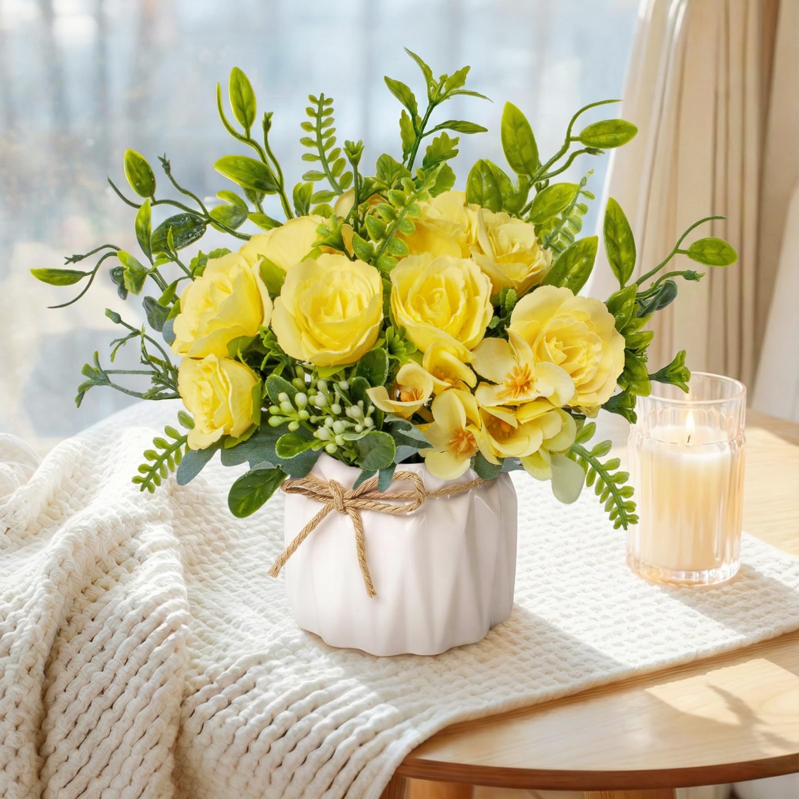 Yellow Artificial Silk Roses with Ceramic Vase, No Maintenance Faux Flower Ar…