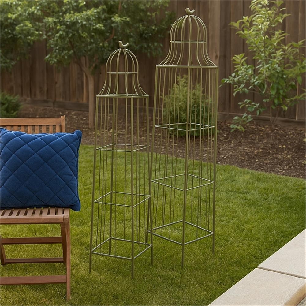 Bowery Hill Plant Trellis Set of 2 in Green Metal with Cage Design