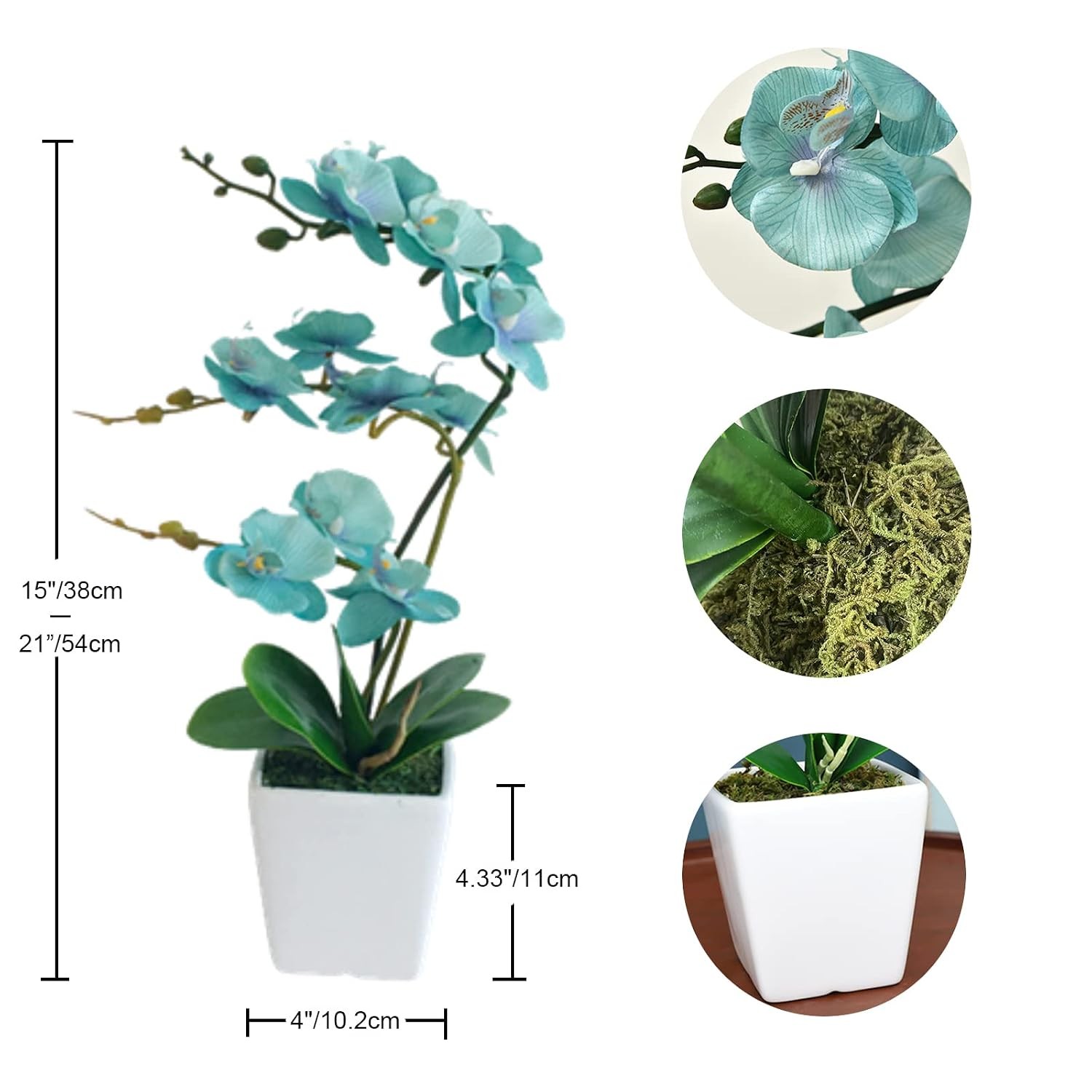 Artificial 15 Inch Tall Phalaenopsis Orchid Plant in Teal Silk Planter