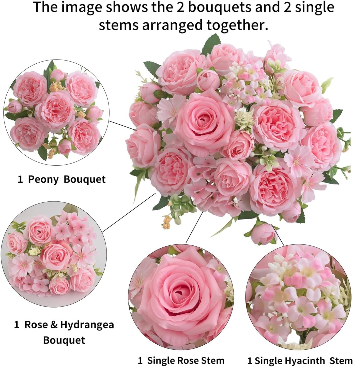 4 Pcs Light Pink Artificial Peony Set – 2 Bouquets & 2 Stems for Elegant Decor