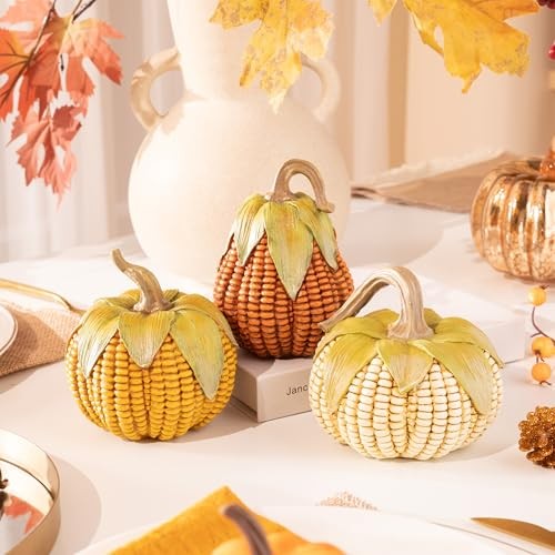 Fall Decorations for Home Pumpkins Decor, Set of 3 Resin Artificial Corn Large