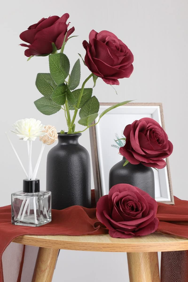 50Pcs Roses Artificial Flowers Fake Flowers with Long Stems Burgundy Silk Flower