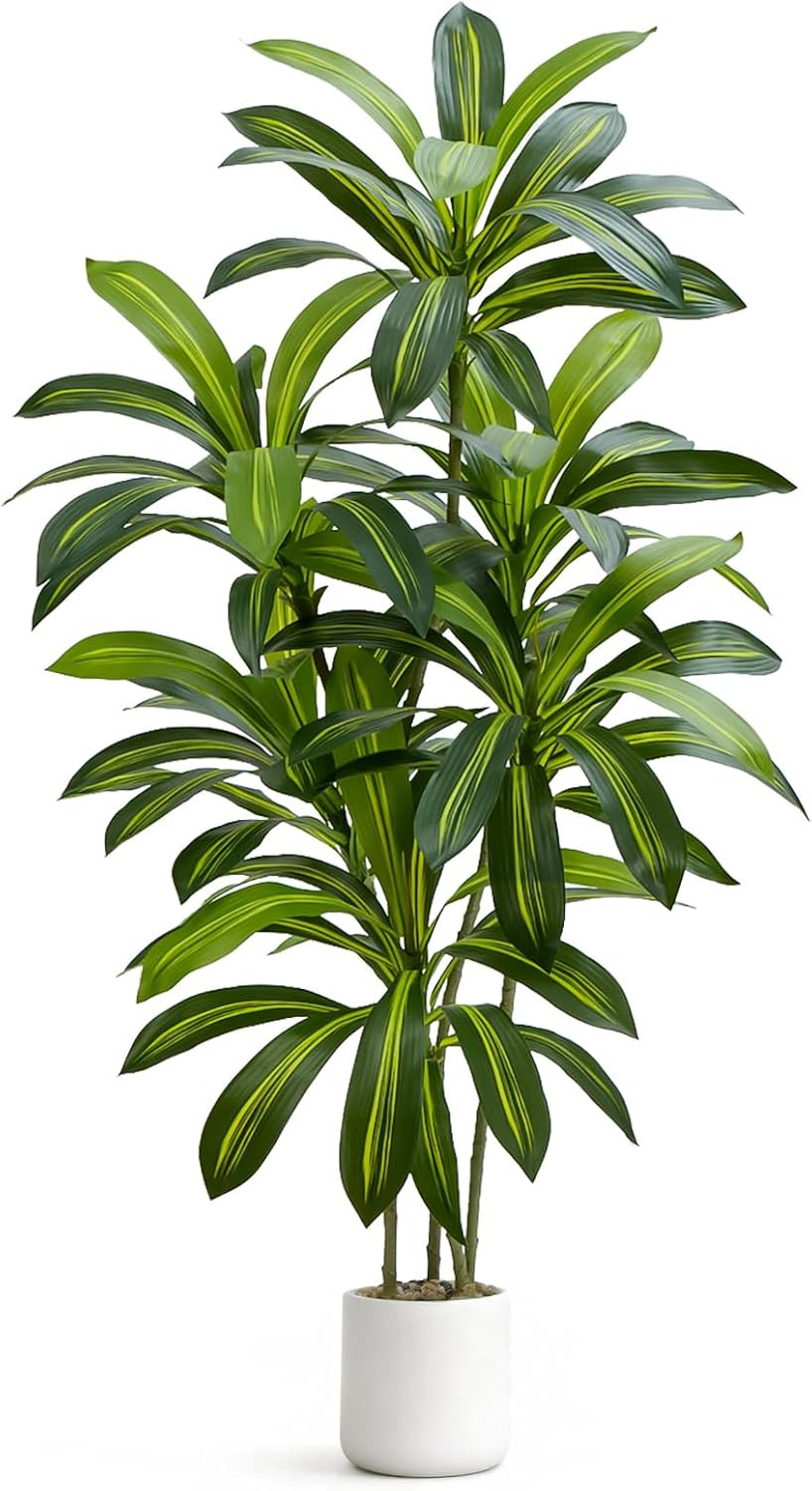 Artificial Dracaena Tree, 5FT Tall Fake Plants with Real Touch Leaves & White Pl
