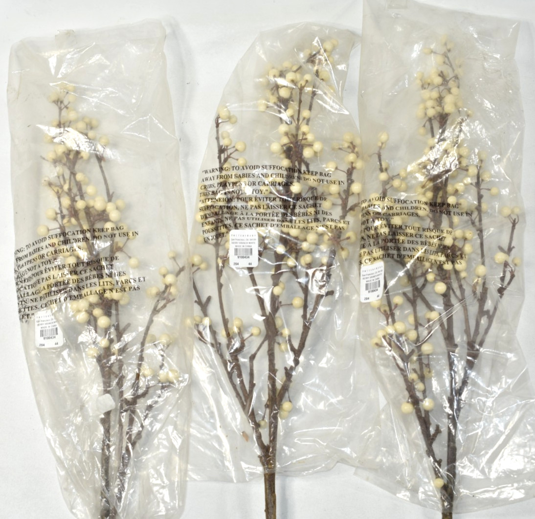 Pottery Barn Set of 3 Faux Berry Branch White Ivory 32″ Artificial Flower Stems
