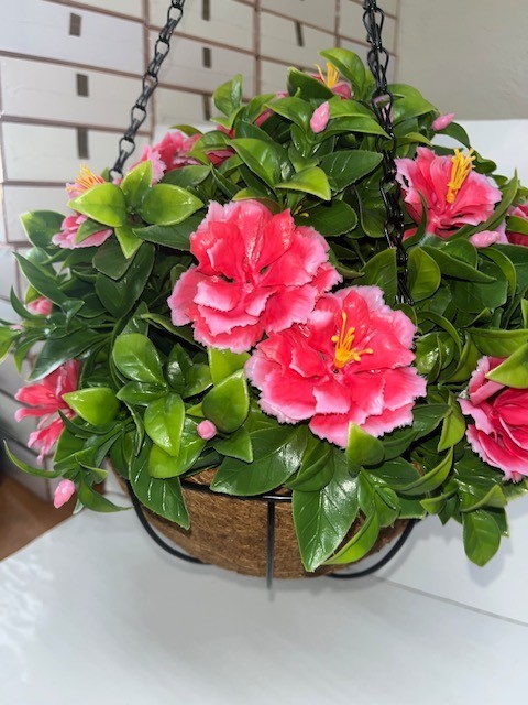 Wicker Park 15″ Indoor/Outdoor Faux Azalea Hanging Basket, NOB (#232)