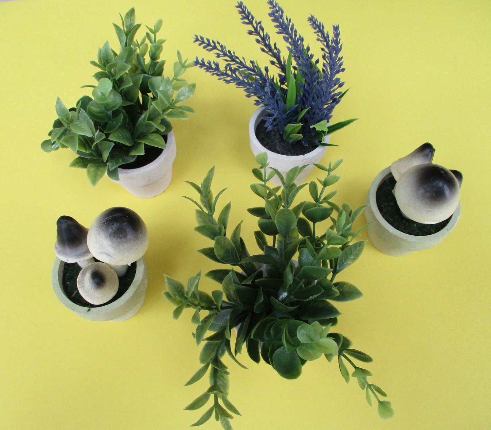 5 PLANTS IN POTS Artificial Small Fake home/office MUSHROOMS LAVENDAR GREENS