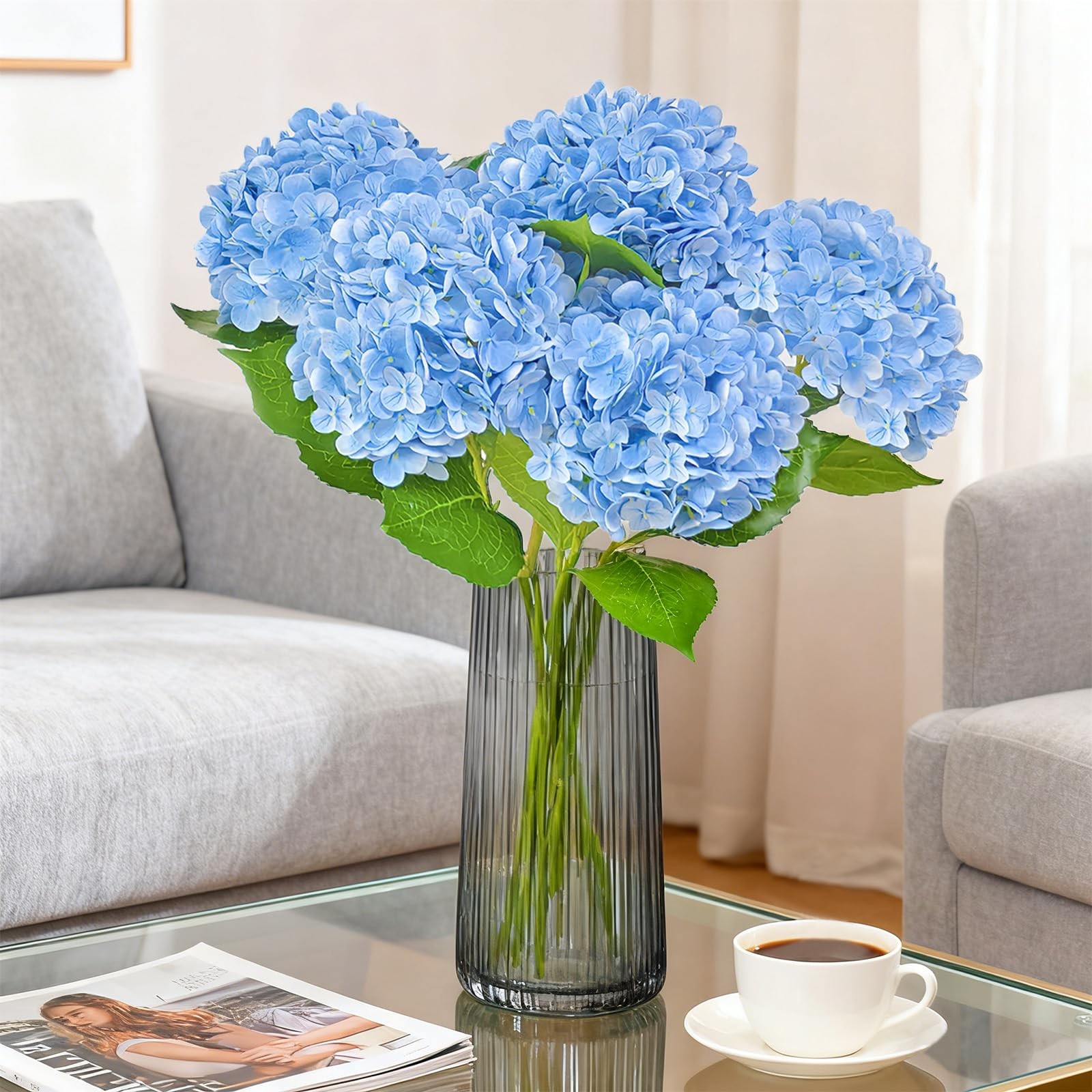 3 Pcs 21″ Real Touch Blue Hydrangea Artificial Flowers with Stems, Fake Silk …