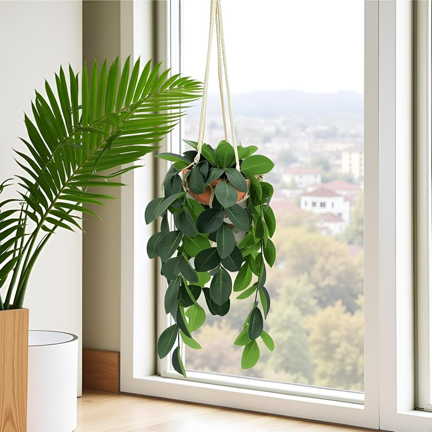 Washable 30” Hanging Plant with Flexible Stems in Elegant Clay Pot – Home Decor