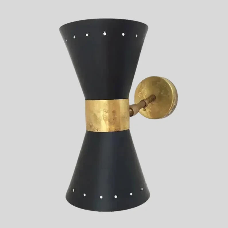 A Pair Of Italian Style Wall Light Lamps Diablo Cone Shade Matte Black in Raw Br