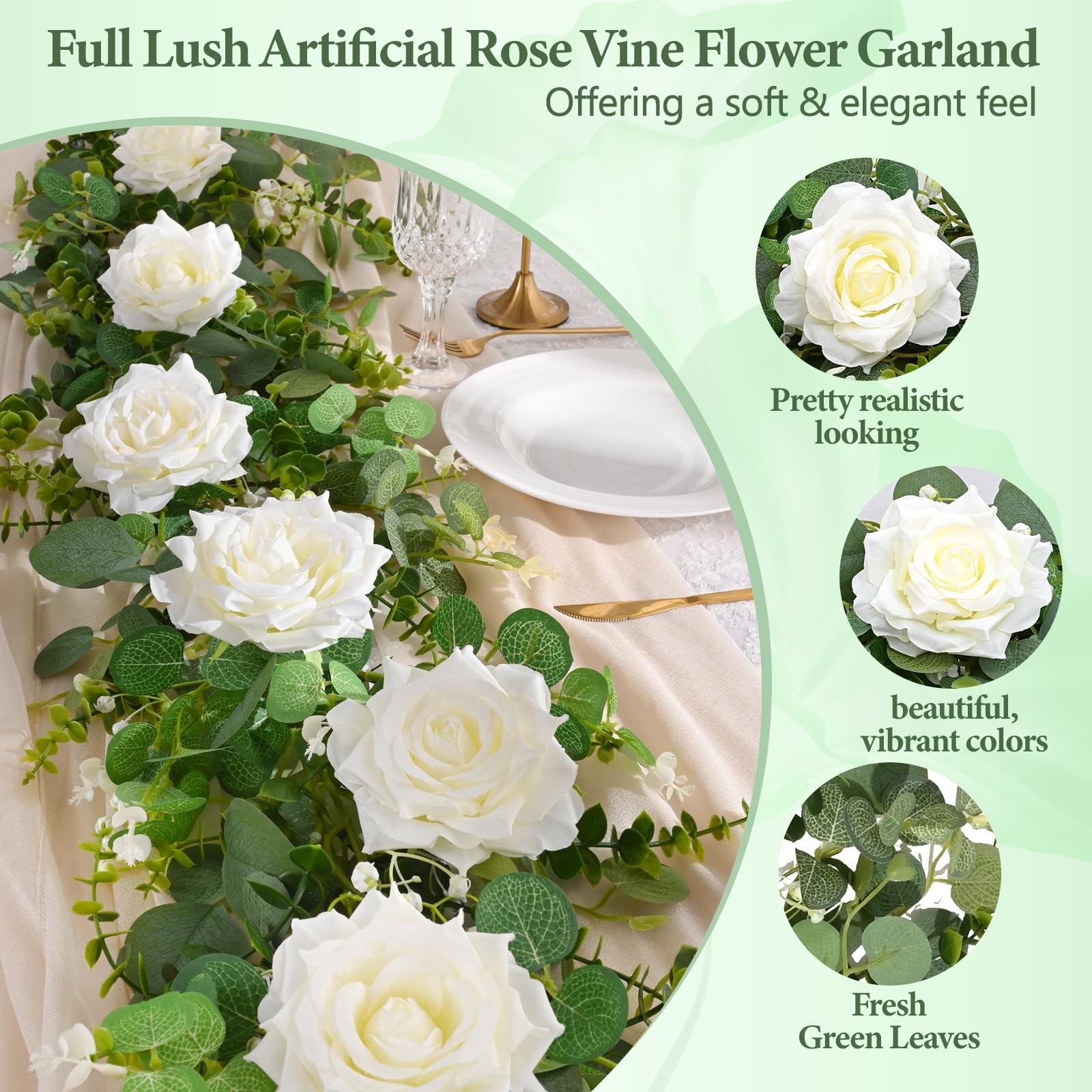 2Pcs 13 FT Artificial Flower Garlands Real Touch Fake Floral Silk White Rose …