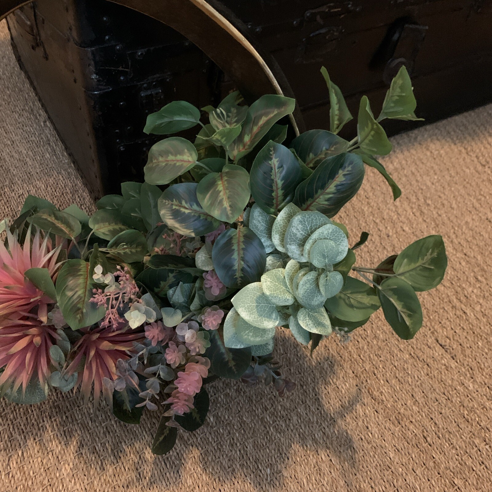 Unique Handcrafted Table Top Faux Floral Arrangement In Circular Decor Base