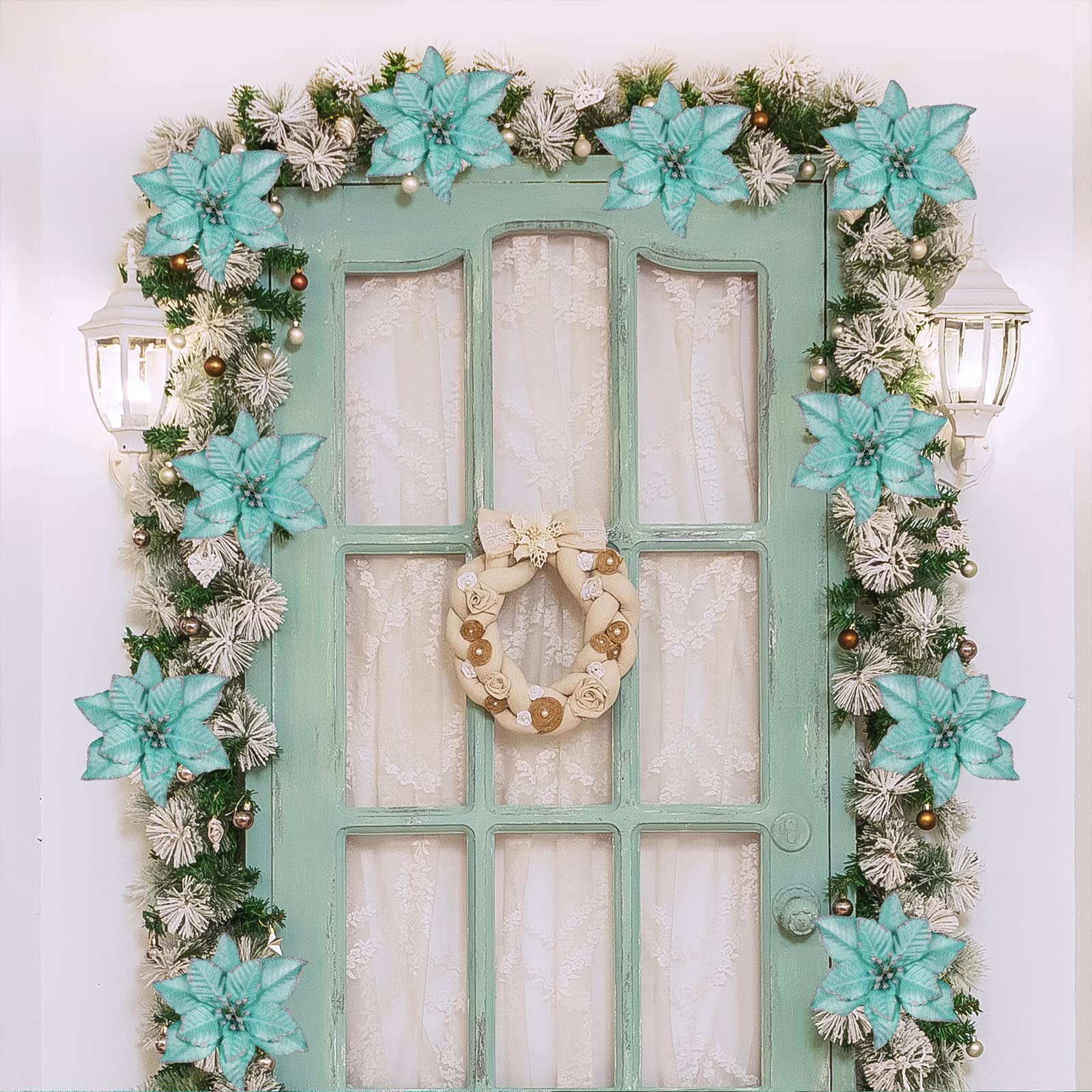 24 Pcs Glitter Artificial Christmas Poinsettia Flowers Picks Christmas Teal