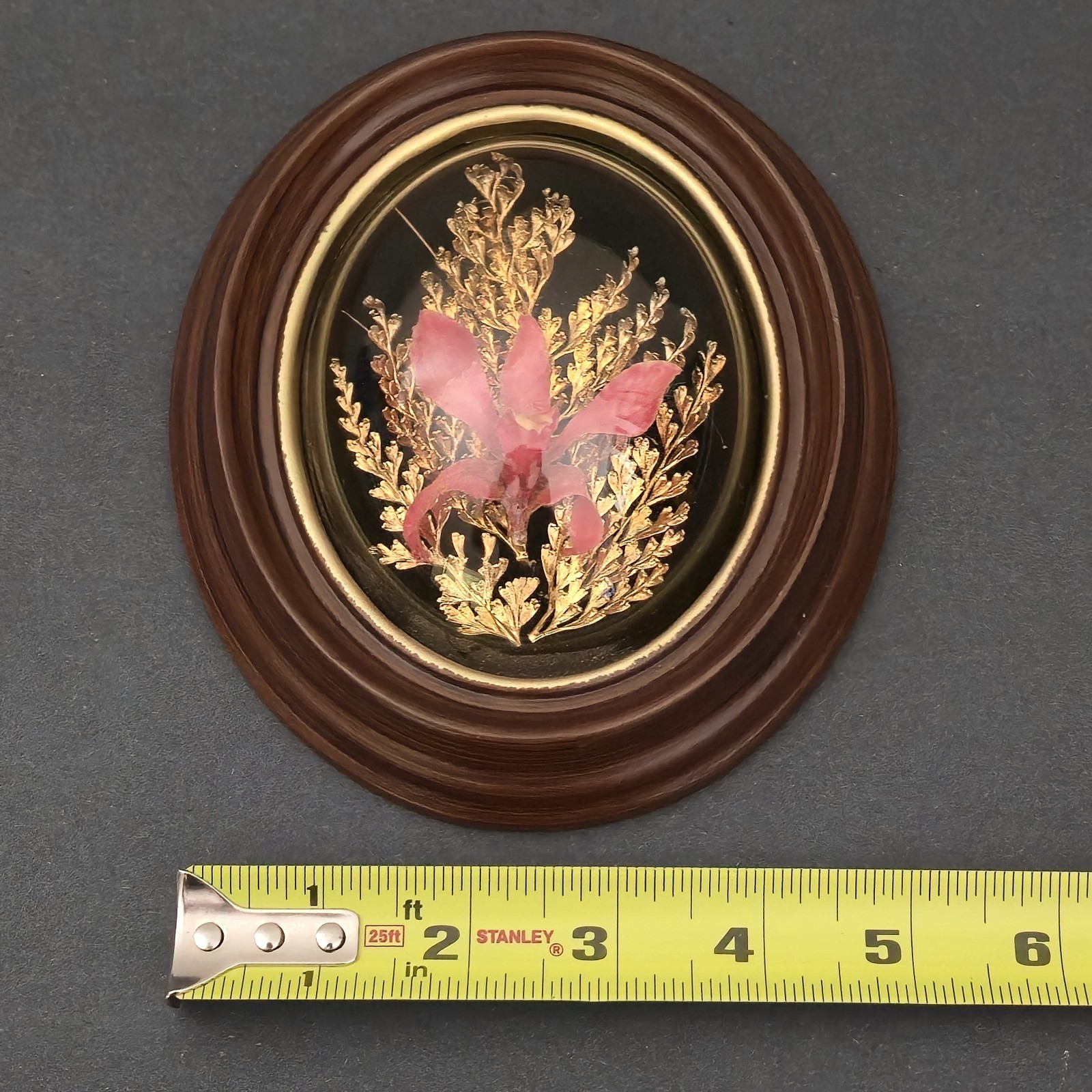 Vintage Orchid Flora Hawaiian Preserved 24K Gold Pink Fern Framed Dome 6″X5″