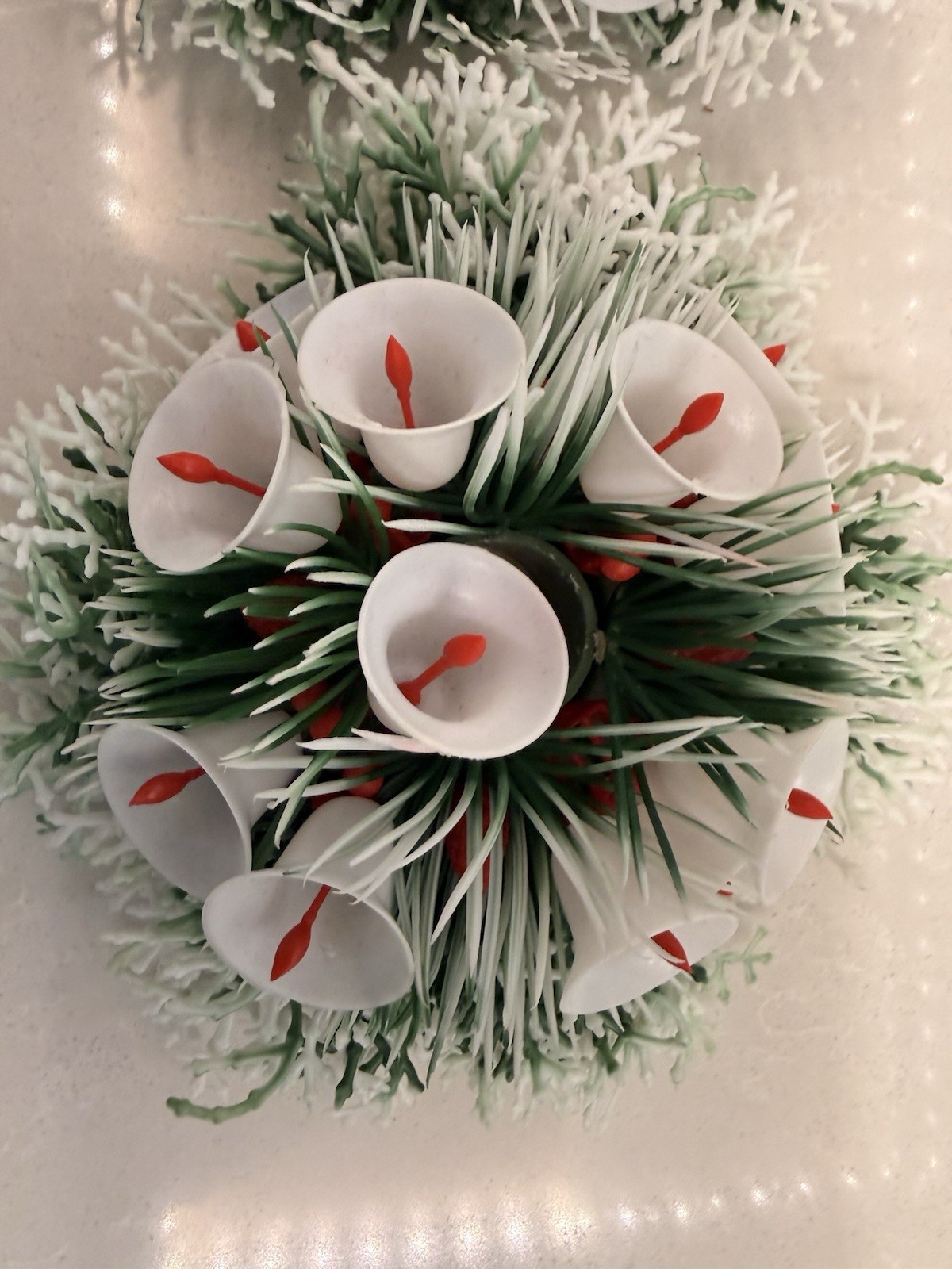2- Vintage MCM Plastic Christmas Winter Greenery White Bells Floral 4.5 Round