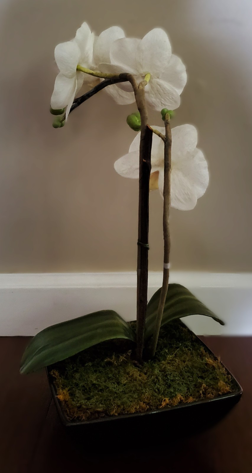 Artificial Flower Arrangement White Phalaenopsis Orchid 16″ in 6x6x2.5 black pot