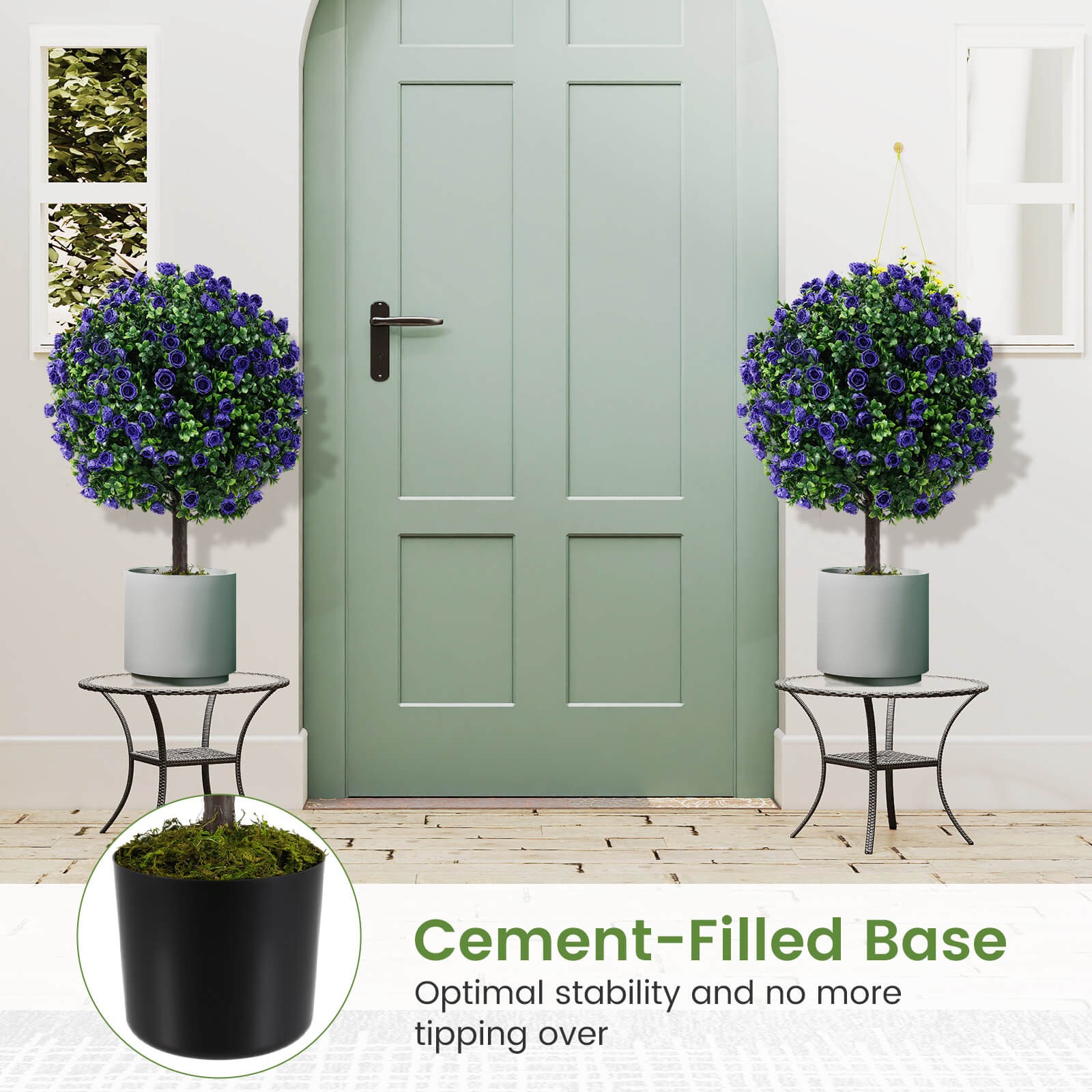 Set of 2 Artificial Purple Rose Topiary Ball Trees 22″ Faux Boxwood Ball Tree