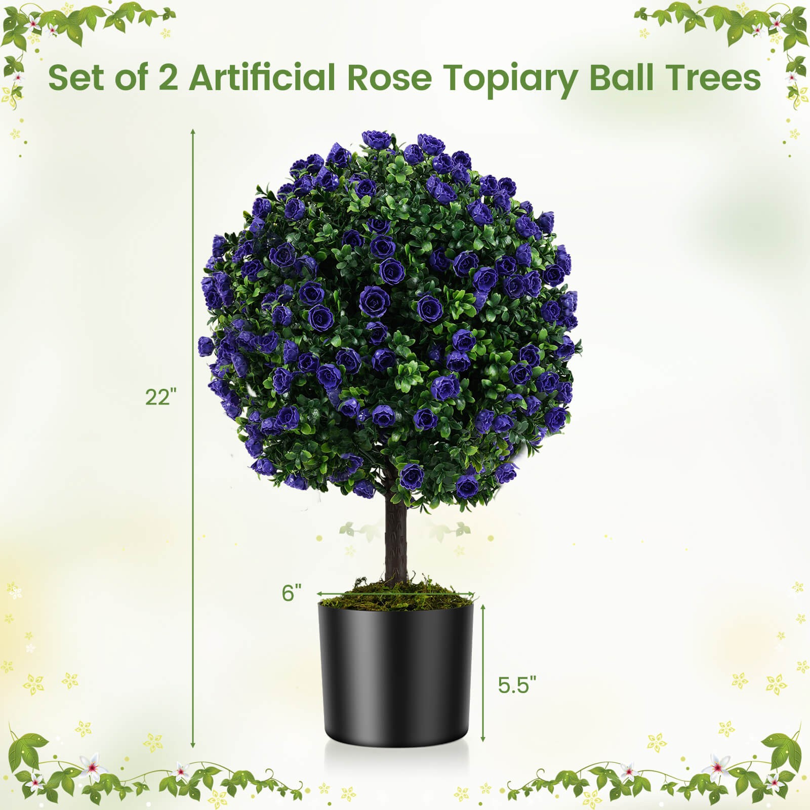 Set of 2 Artificial Purple Rose Topiary Ball Trees 22″ Faux Boxwood Ball Tree