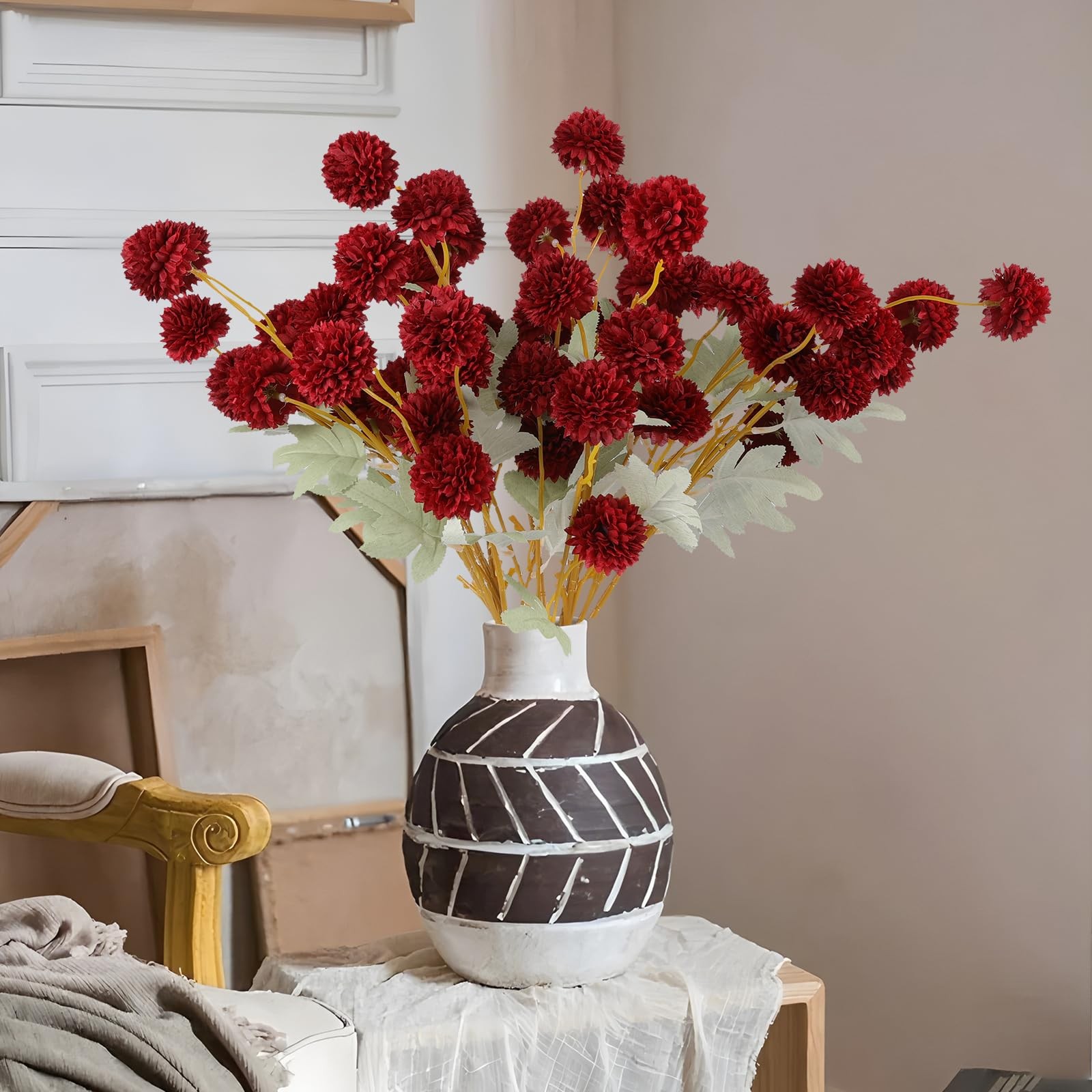 12 PCS Burgundy Red Kiku Pom Pom Chrysanthemum Artificial Flower Fall Decor
