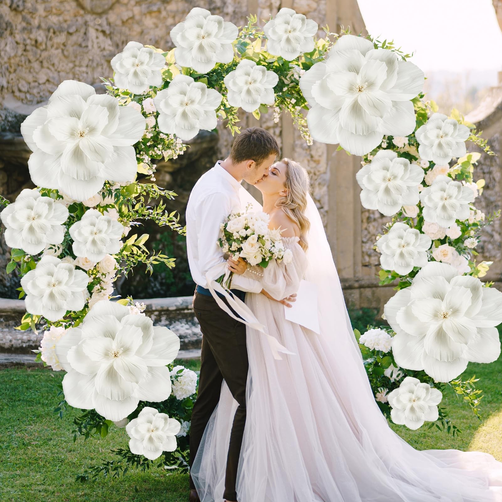 20 PCS Giant Paper Flowers Wall Decor 24″ 12″ 8″ Tissue Wedding Backdrop White