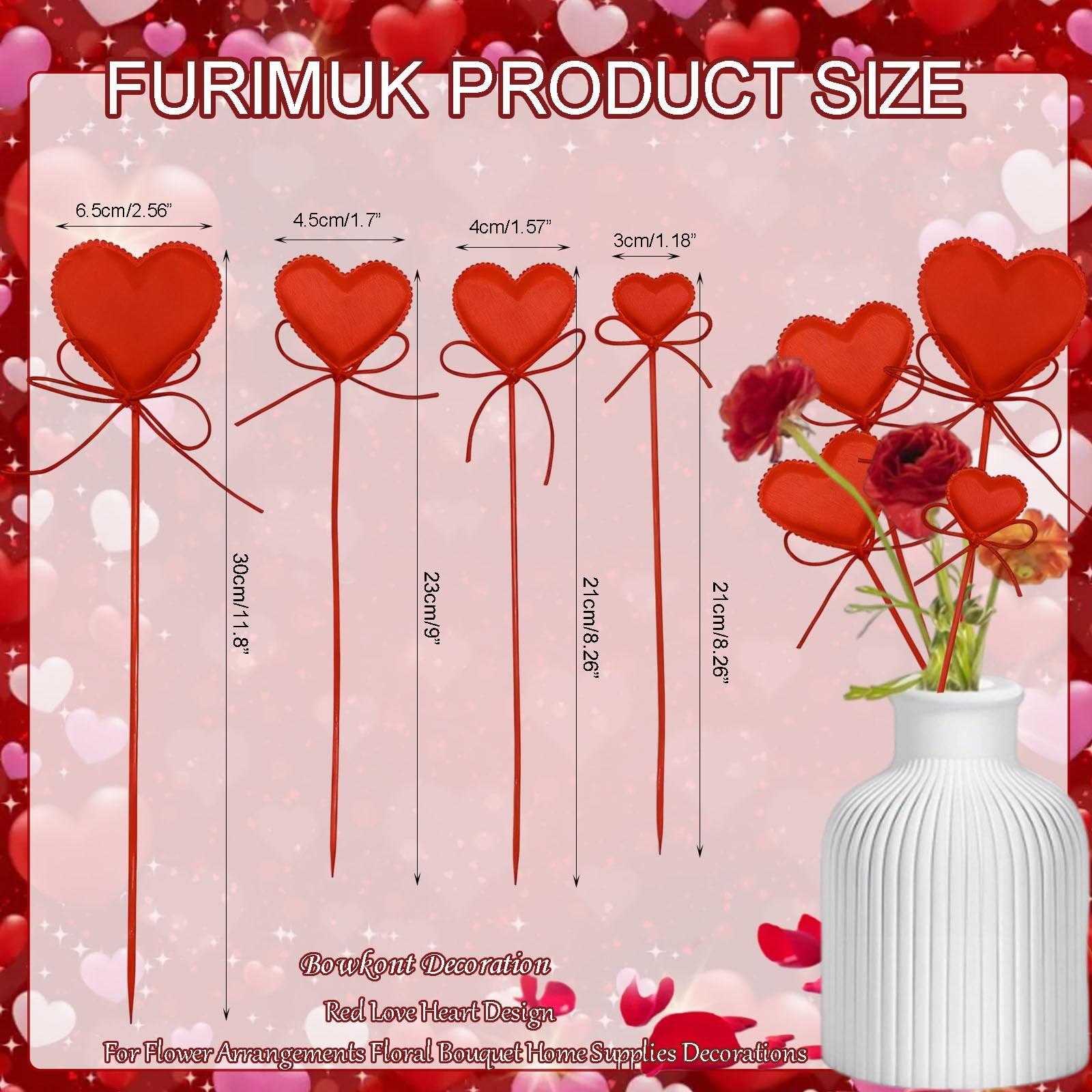 Valentine’s Day Red Heart Picks Puffy Floral Sticks Heart on Sticks for Weddi…