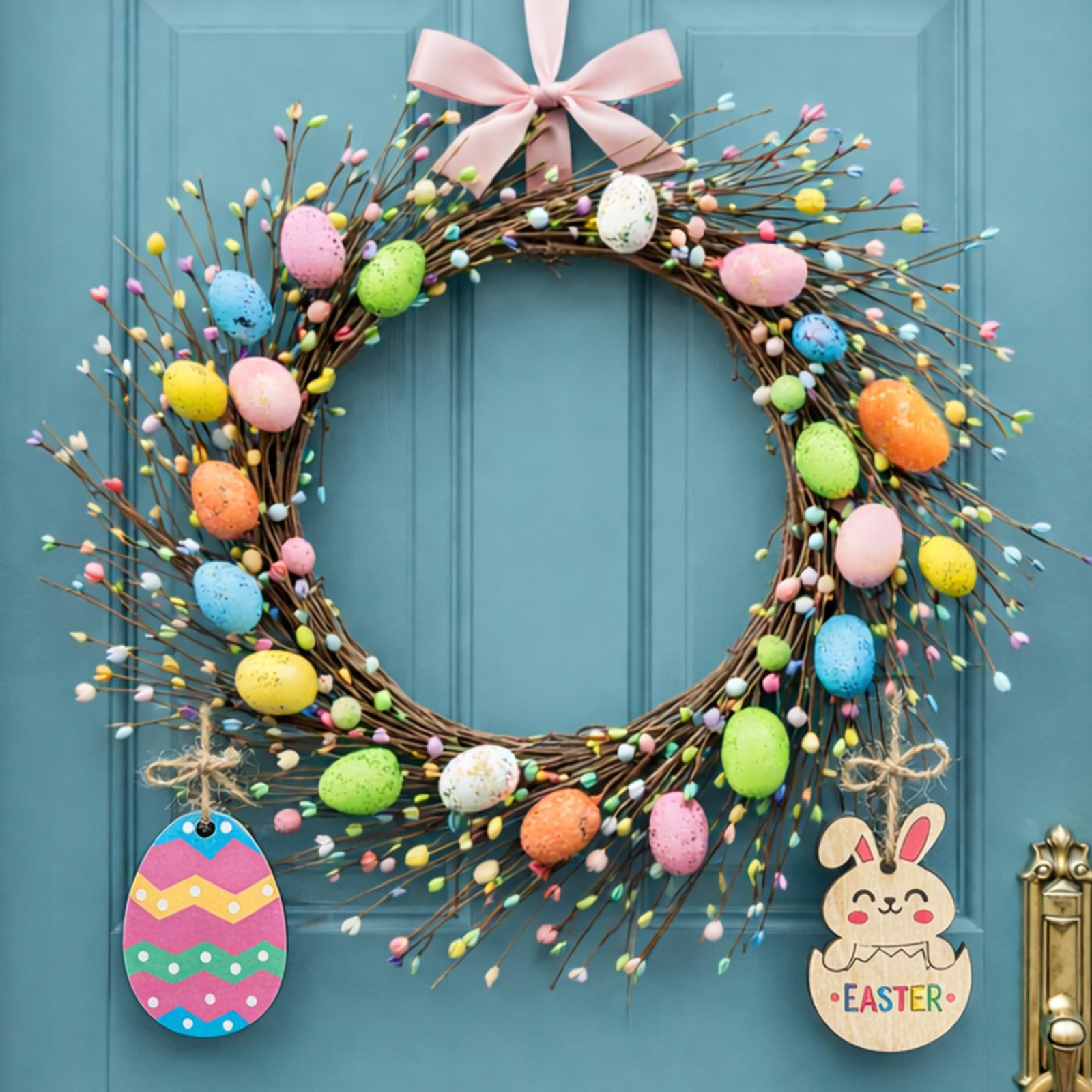 Artificial Easter Spray Vine with Pastel Easter Eggs and Berries, Wooden Eggs…