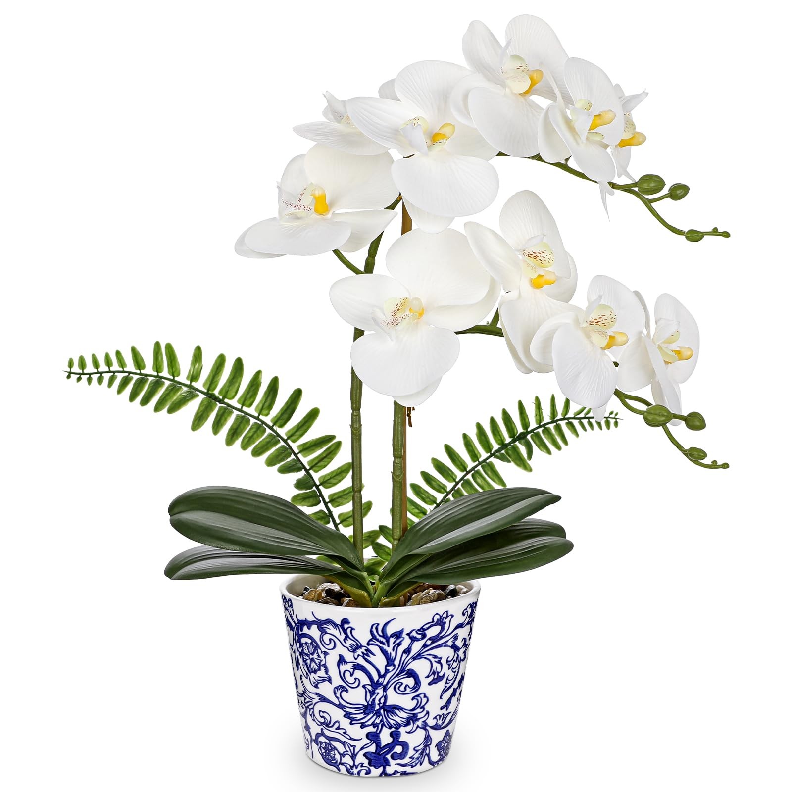 White Orchid Artificial Flowers Blue and White Pot 15.7″ Silk Fake Plant
