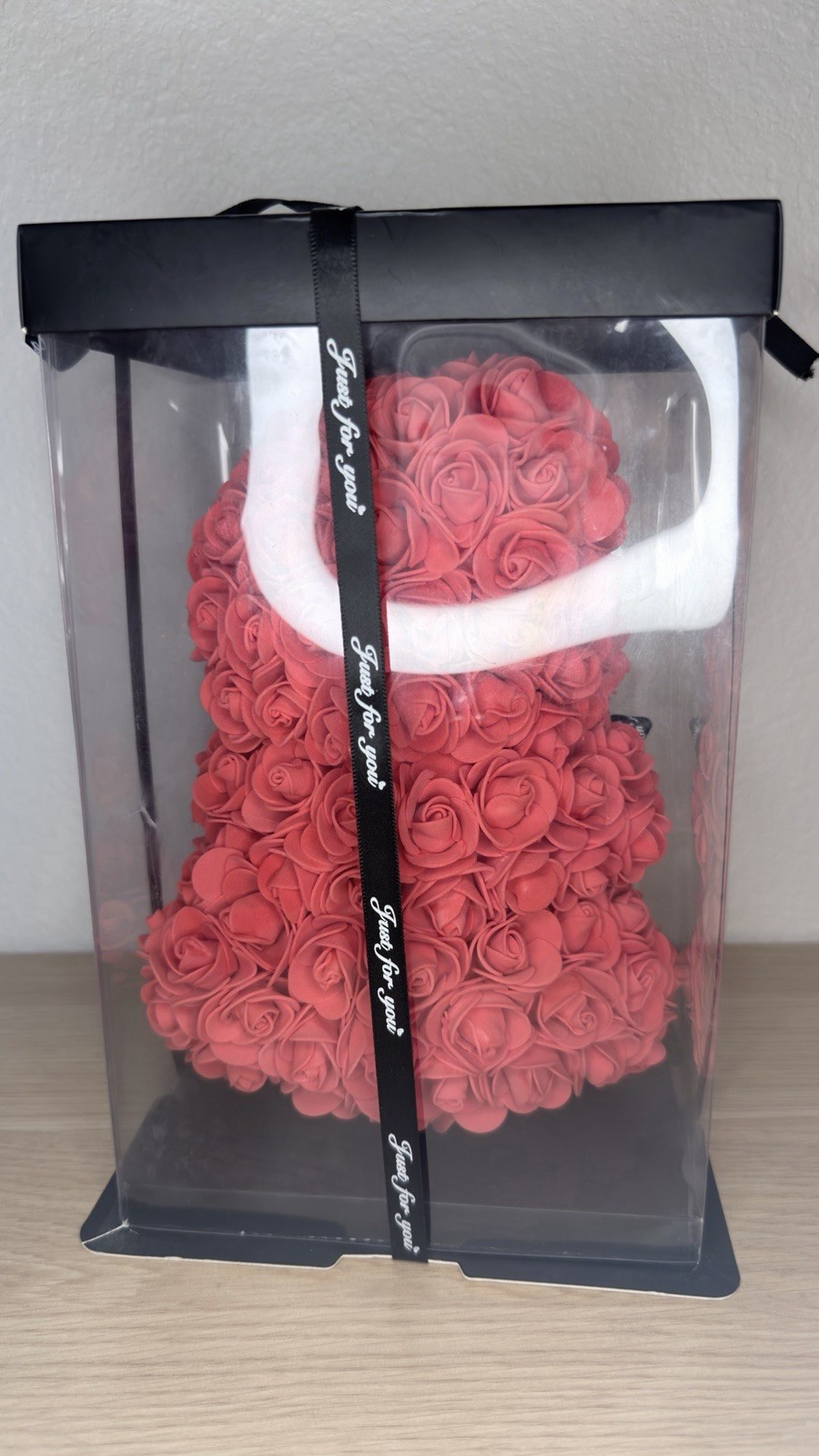 Rose Bear Gift Box – 10” Red Artificial Foam Rose Teddy Bear with Clear Display