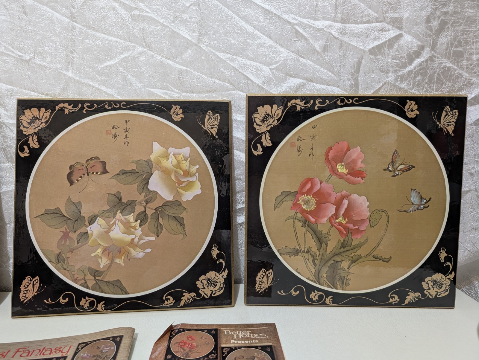 NIB Set of 4 Chinoiserie Asian Cork Wall Art Butterflies & Botanical design