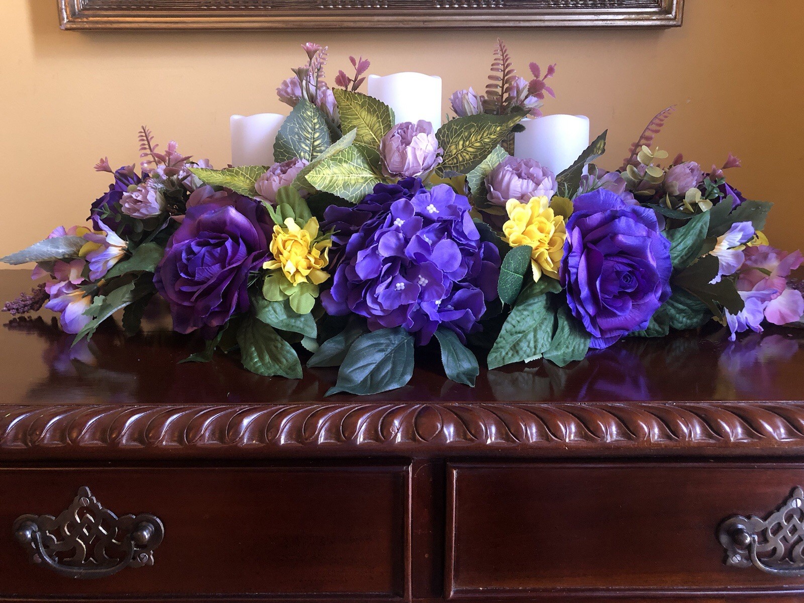 Purple Hydrangea And Roses Floral Arrangement Purple Pillar Candle Centerpiece