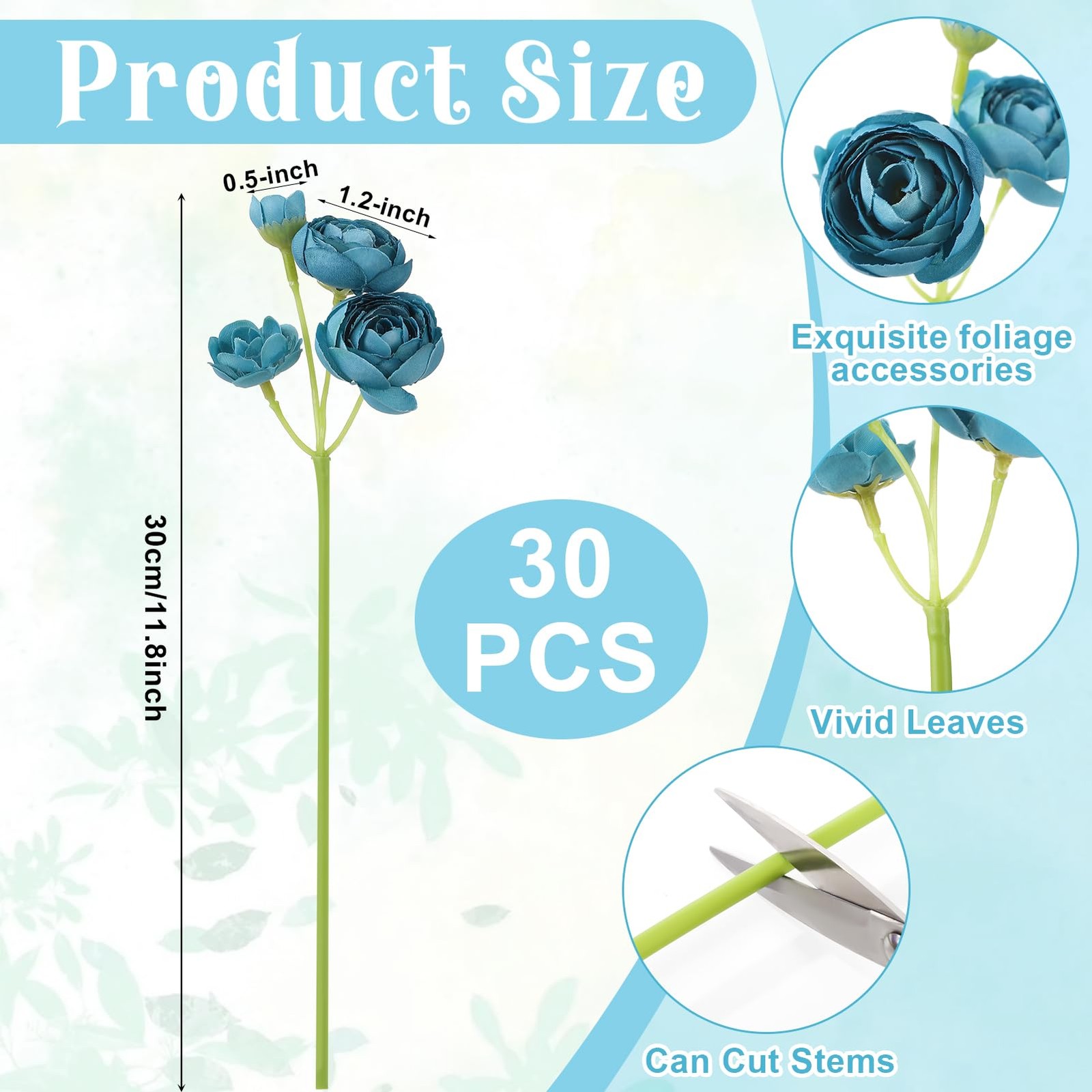 30 PCS 5 Bouquets Teal Ranunculus Artificial Flowers Silk Faux Centerpiece