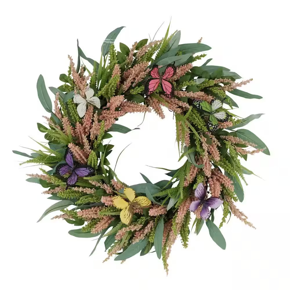 24 In. Artificial Salix Leaf with Butterfly Floral Spring Wreath