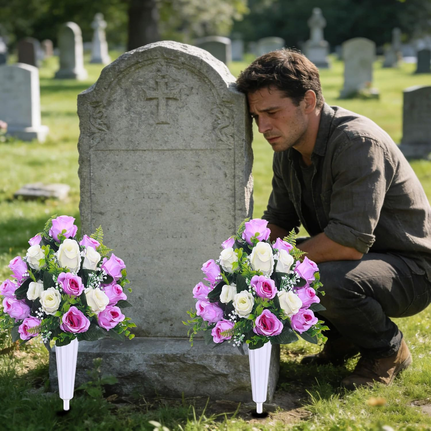 Artificial Cemetery Flowers 2 Set Grave Decorations Roses Tombstone Memorial