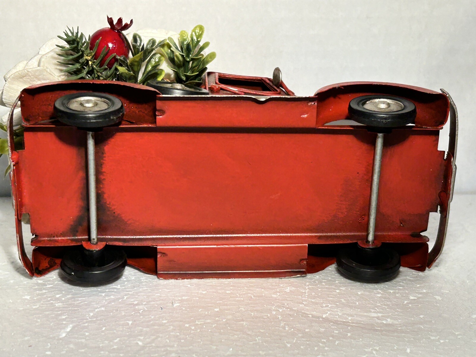 Red Metal Pickup Truck filled with Wood Flowers – home decor, rustic