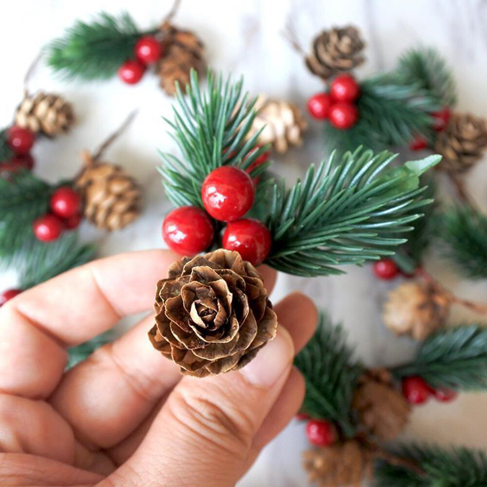 10pcs Red Christmas Berry Artificial Flower Pine Cone Branch Party Xmas Supplies