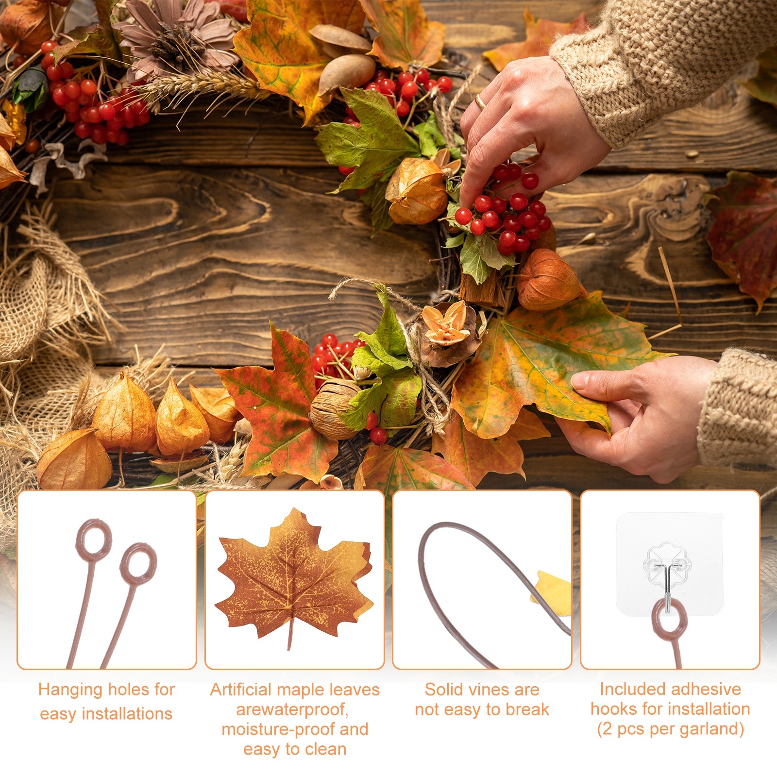 2Pcs Fall Maple Leaf Garland 5.9Ft Artificial Decor Green/Brown/Beige/White