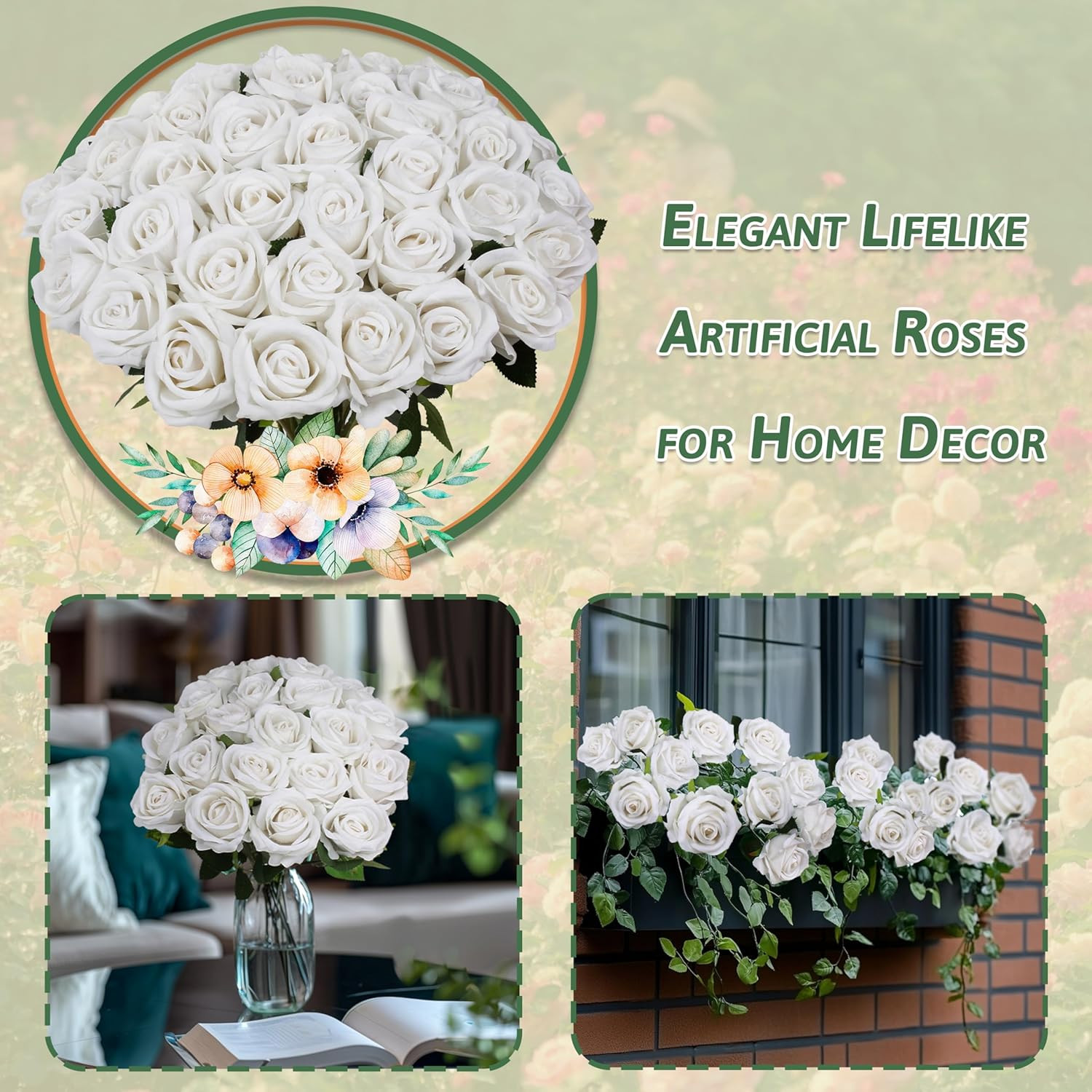 100PCS Realistic Silk White Roses for Wedding Decor & Floral Arrangements